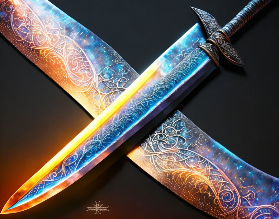 Intricate Blue to Orange Gradient Ornamental Sword on Dark Background