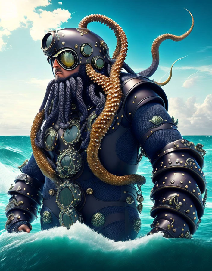 Steampunk-style deep-sea diver with octopus tentacle beard in ocean waves