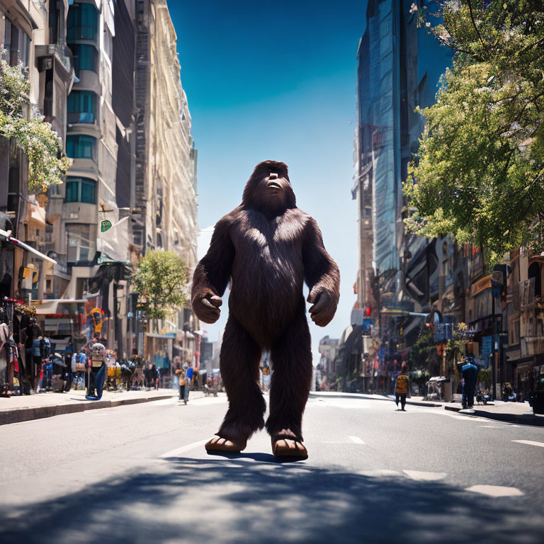 Massive gorilla in city street under clear blue sky