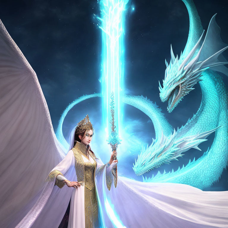 Regal figure with glowing staff and blue dragon in starry setting