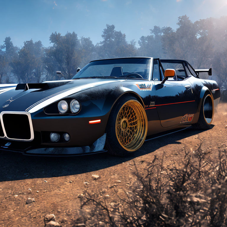 Classic Black Sports Car with Gold Rims on Dusty Road