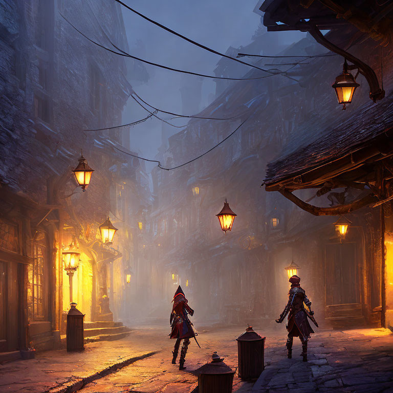 Historical figures in misty alley with glowing lanterns at twilight