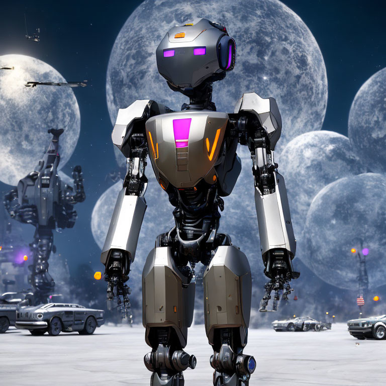 Sleek humanoid robot on surface with moons and spaceships in background