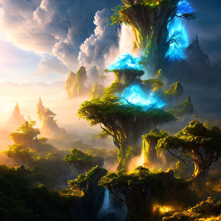 Majestic fantasy landscape with towering trees and waterfalls