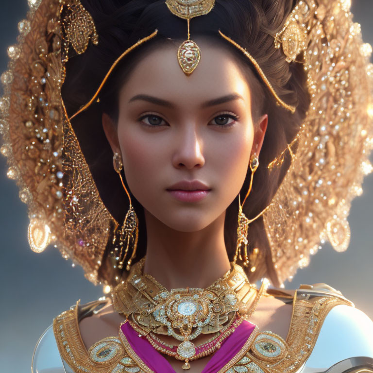 Elaborate Gold Jewelry on Woman Portrait with Regal Expression