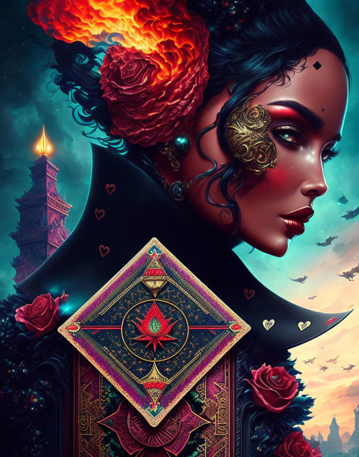 Digital artwork of woman with fiery hair, red skin, gold floral patterns, and mystical rose card