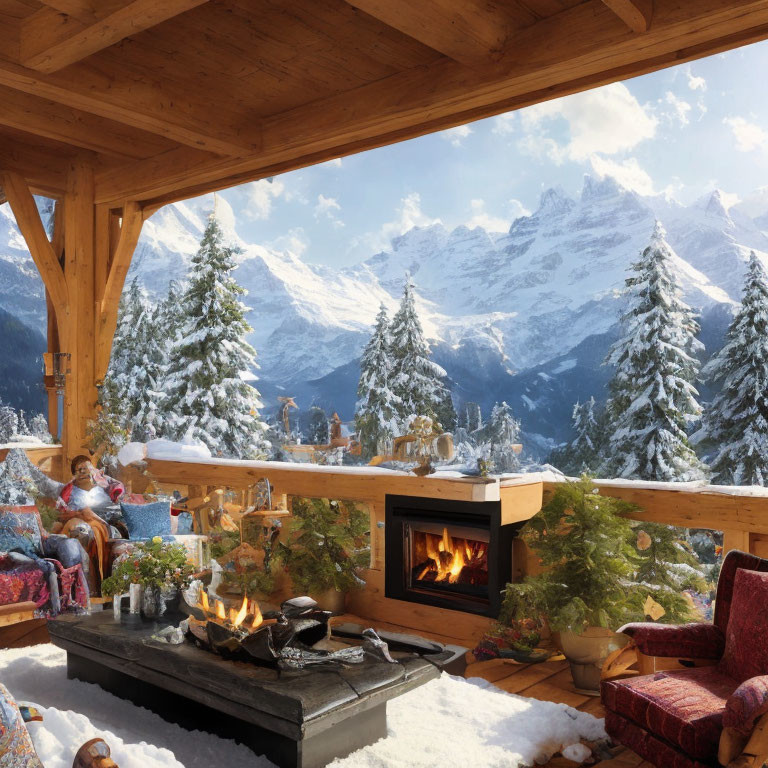 Warm Chalet Interior with Fireplace, Snowy Mountain View