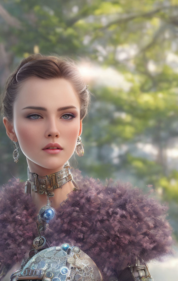 Digital Art: Woman with Intricate Jewelry and Fur Garment in Natural Setting