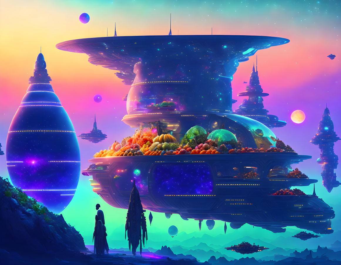 Futuristic city floating in sky at dusk with planets and silhouetted figures