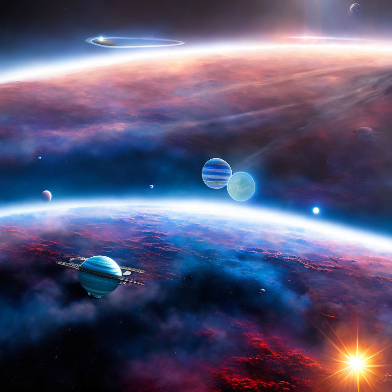 Colorful Space Scene with Planets, Moons, Star, and Spacecraft