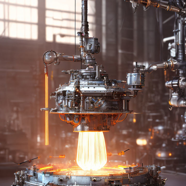 Robotic arms casting molten metal in industrial factory