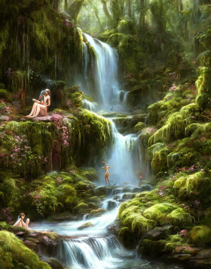 Tranquil forest waterfall with mossy rocks and figures in contemplation