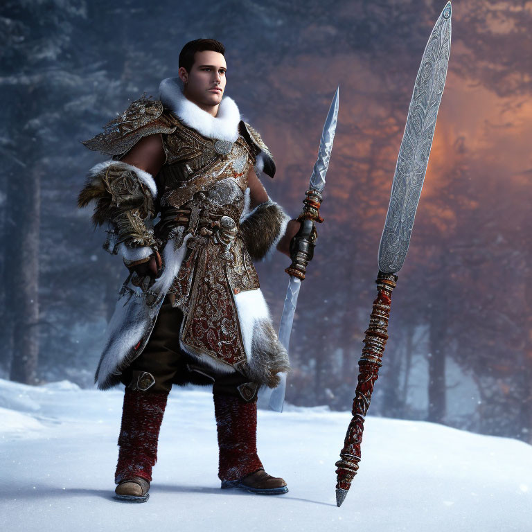 Warrior in Fur-Trimmed Armor with Spear in Snowy Forest at Dusk