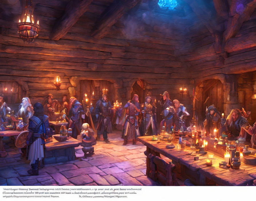 Fantasy characters in candlelit tavern with blue crystal.