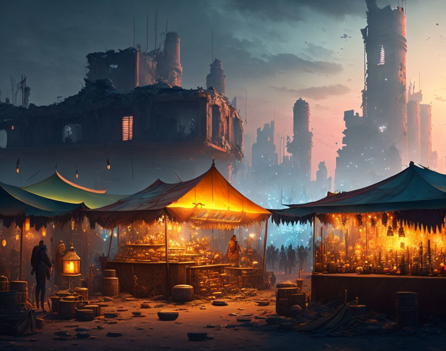 Market stall illuminated by candles in futuristic cityscape at twilight