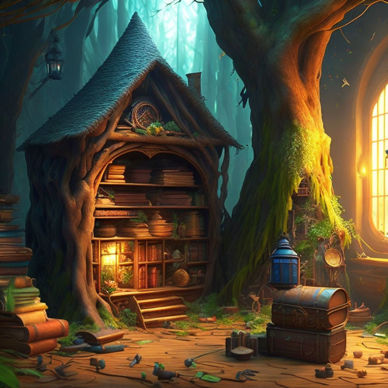 Cozy forest treehouse with books, lanterns, and warm lighting