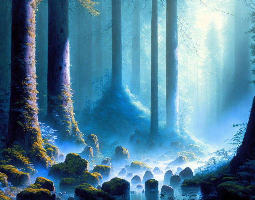 Mystical Blue Forest with Tall Trees and Sunlight Beams