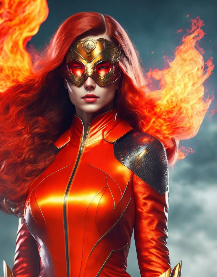 Fiery-red superhero woman with flowing hair in stormy sky