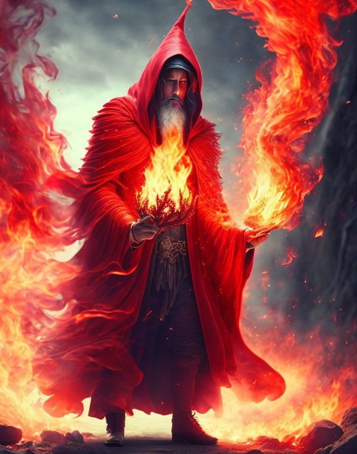 Bearded Figure in Red Cloak Holds Fire with Swirling Flames