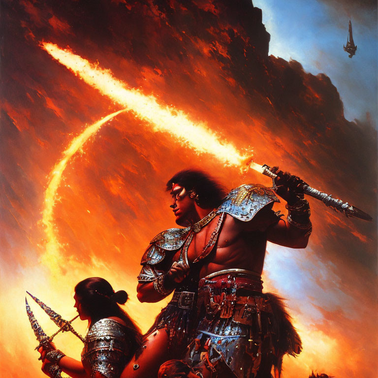 Two armored warriors in fantasy scene with fiery sky, comet, and airborne ship