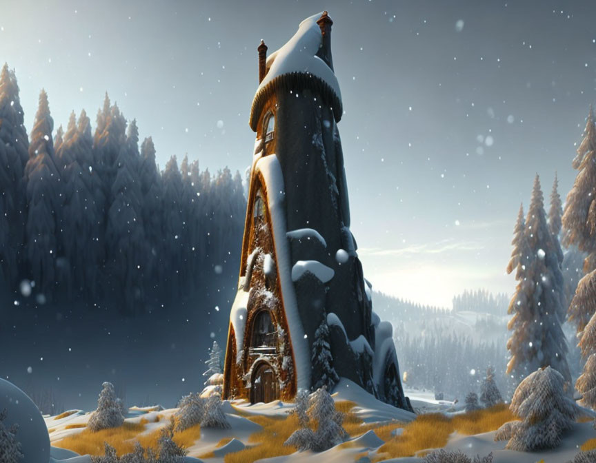 Snow-covered tower in tranquil winter landscape