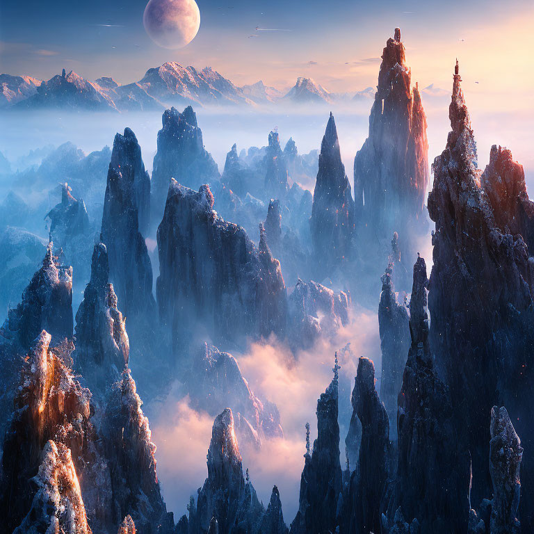 Majestic rocky spires in mist with lone figure under moonlit sky