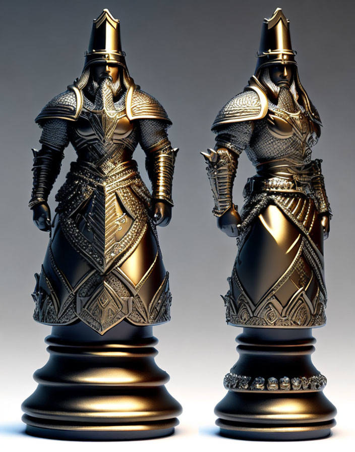 Ornate knight chess pieces on pedestals with gradient backdrop