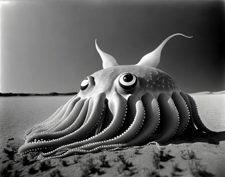 Surreal black and white octopus with oversized eyes in barren landscape