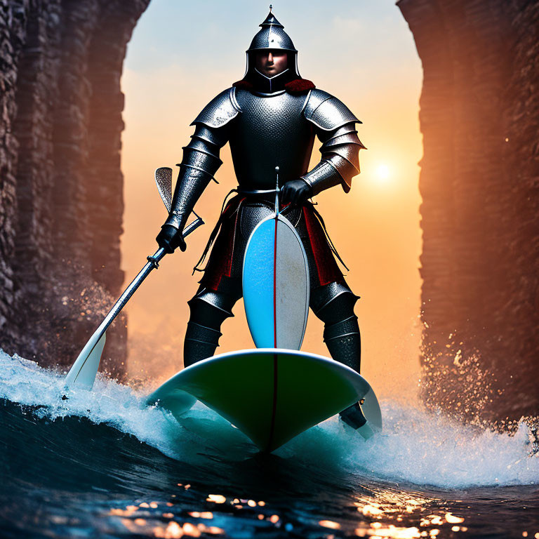 Knight in Full Armor Surfs with Stone Arches and Sunset