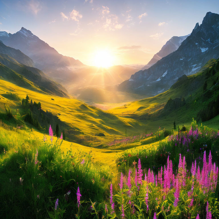 Scenic sunrise over blooming mountain valley with purple flowers