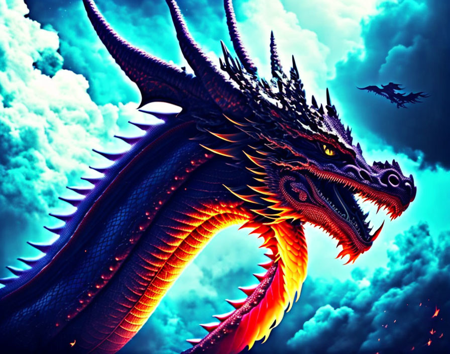 Majestic dragon illustration in bold blue and red hues with spiny ridges, intricate crest,