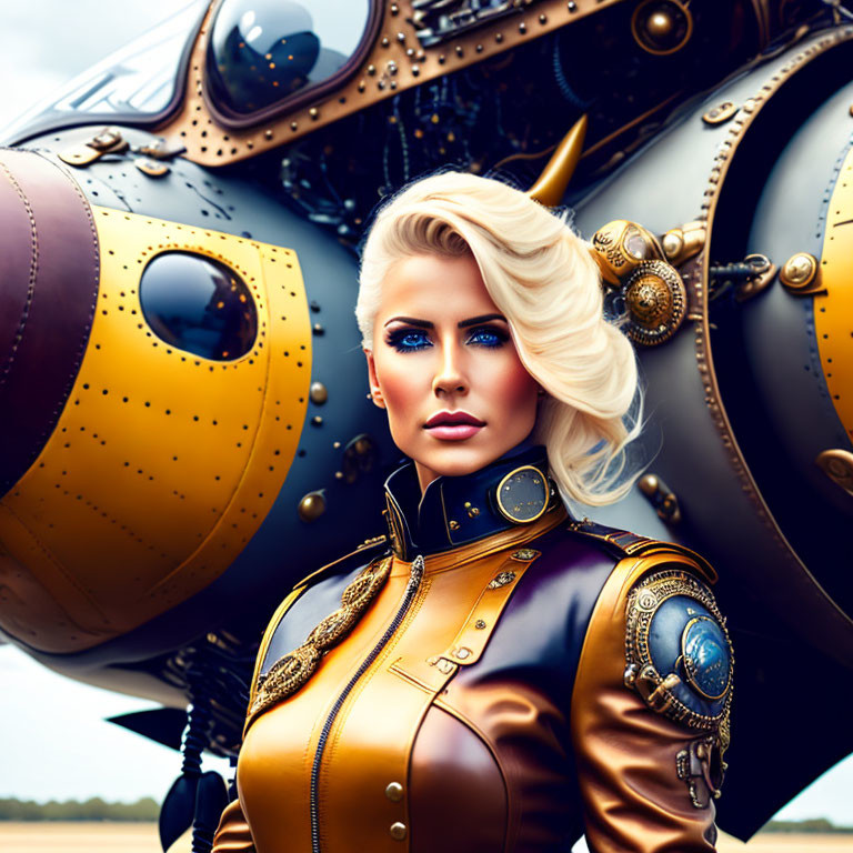 Steampunk-themed illustration of woman in ornate outfit with aircraft.