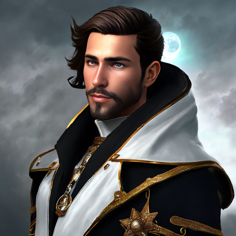 Man with Beard in Elegant Uniform Against Overcast Sky