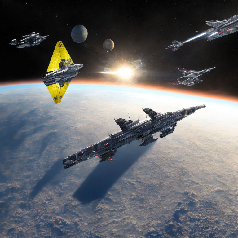 Futuristic spacecraft fleet orbiting planet with sun and other planets.