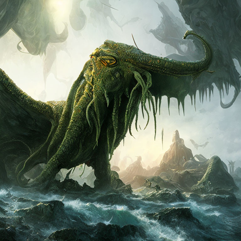 Gigantic tentacled sea monster emerging in misty landscape