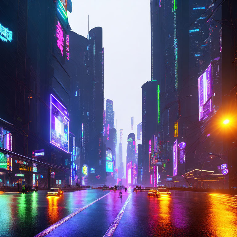 Vibrant neon-lit cityscape with wet streets at night