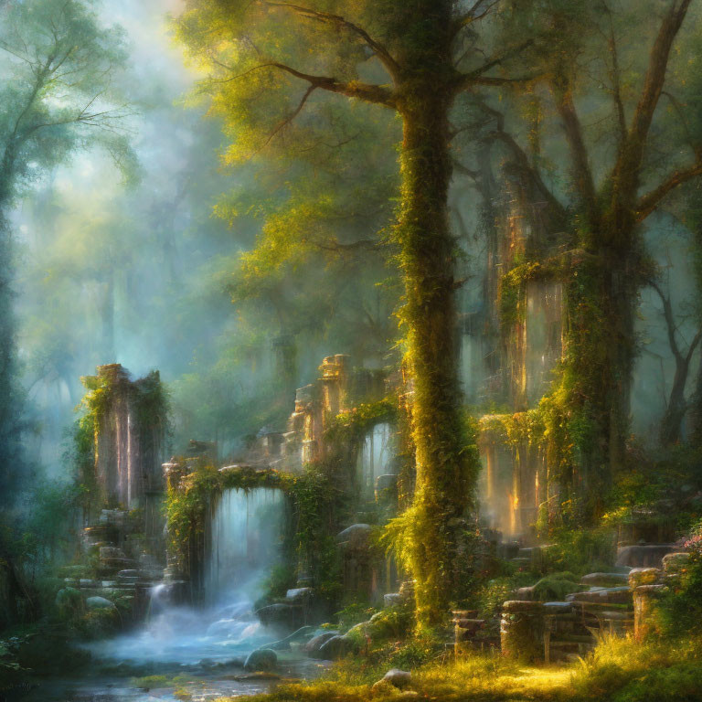 Enchanted Forest with Stone Bridge, Ruins, and Hanging Moss