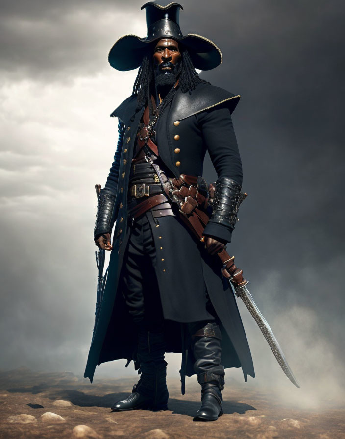 Pirate captain in tricorn hat with sword in stormy setting