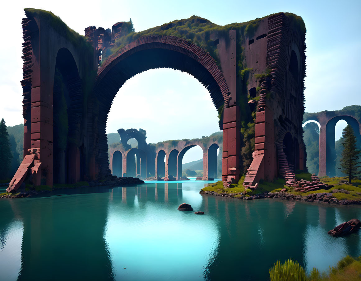 Tranquil river flowing through colossal stone arches and ruins in lush landscape