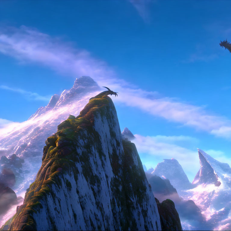 Two dragons in snowy mountain landscape with blue sky