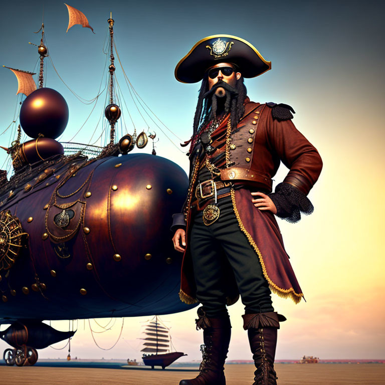 3D-rendered pirate captain with black beard and gilded ship under clear sky