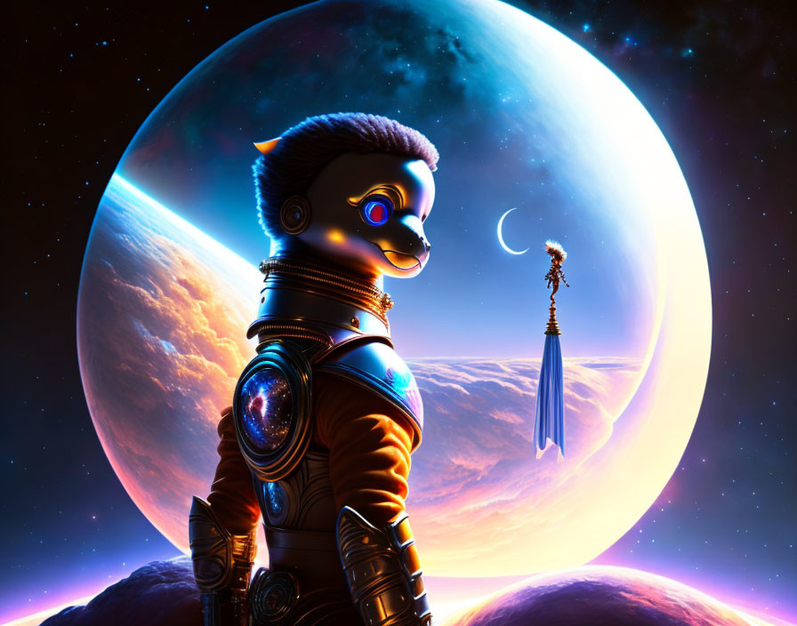 Futuristic astronaut sheep on crescent moon with distant figure, large planet, and stars.