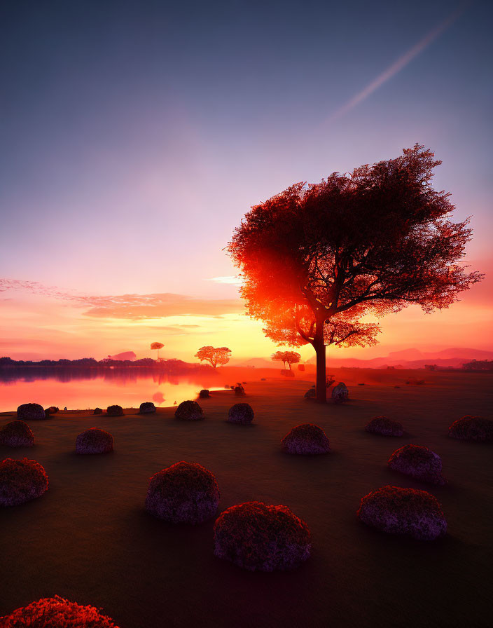 Tranquil sunset scene with solitary tree, radiant sky, rounded bushes, and tranquil lake