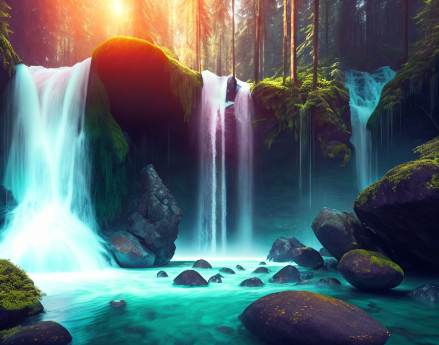 Sunlit waterfall in misty forest with serene pond