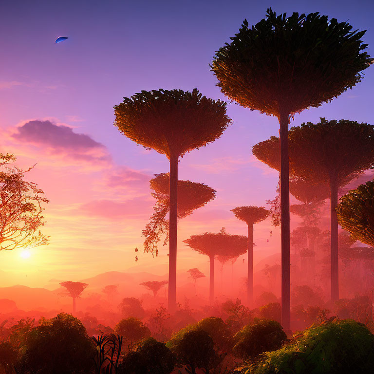 Colorful sunset landscape with unique trees and floating islands