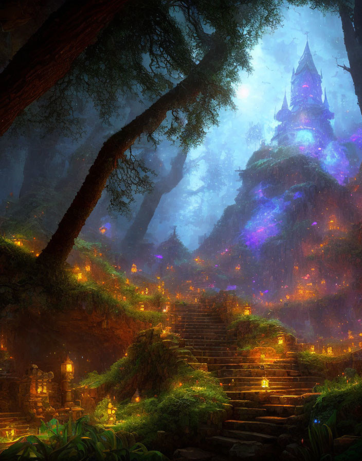 Enchanting forest with illuminated stairs to misty castle