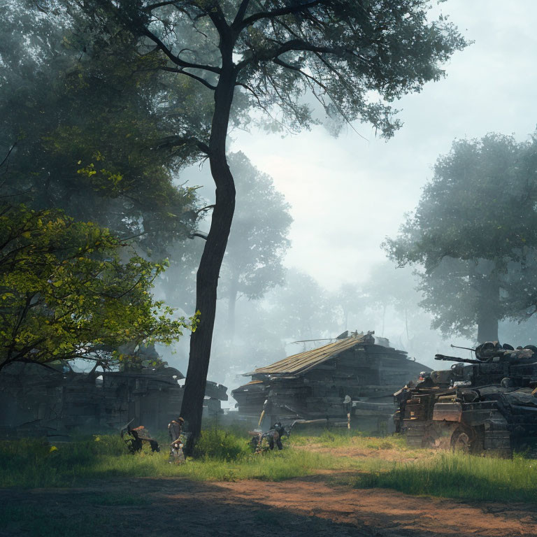 Sunlit forest with ancient ruins, lone tree, and people exploring tranquil scene