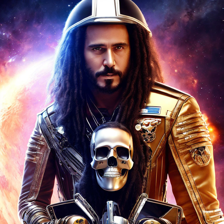 Person with dreadlocks in futuristic space helmet and golden armor holding a skull in cosmic setting