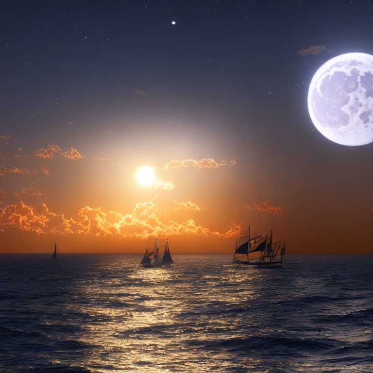 Sailboats on Calm Sea at Dusk with Moon and Sun Glow