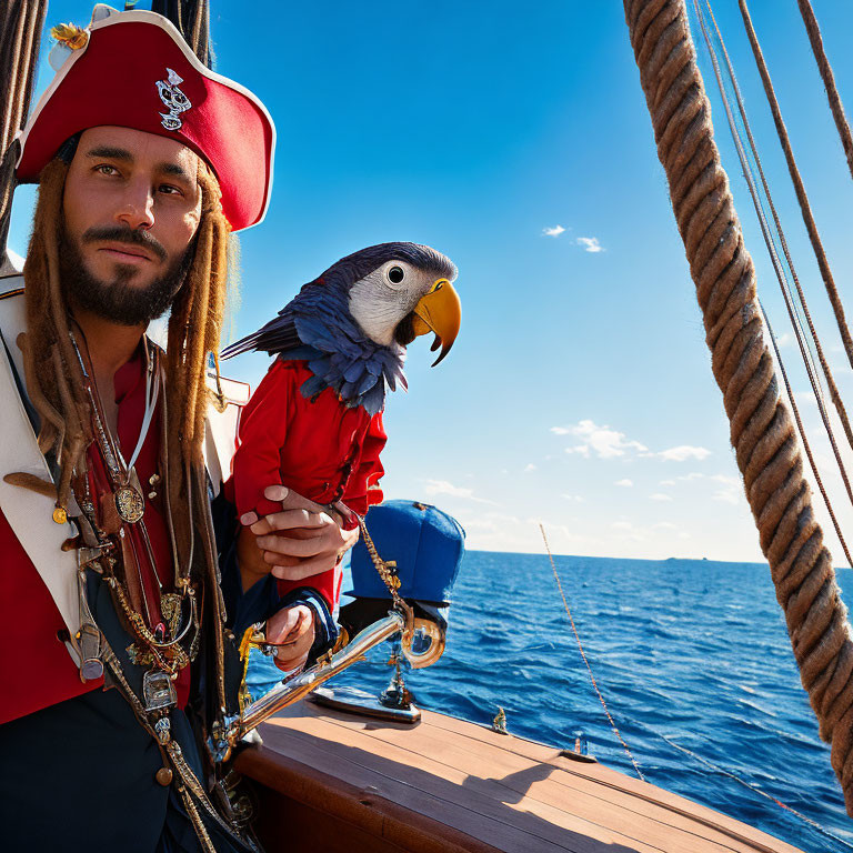 Person in pirate costume with parrot on boat by the sea